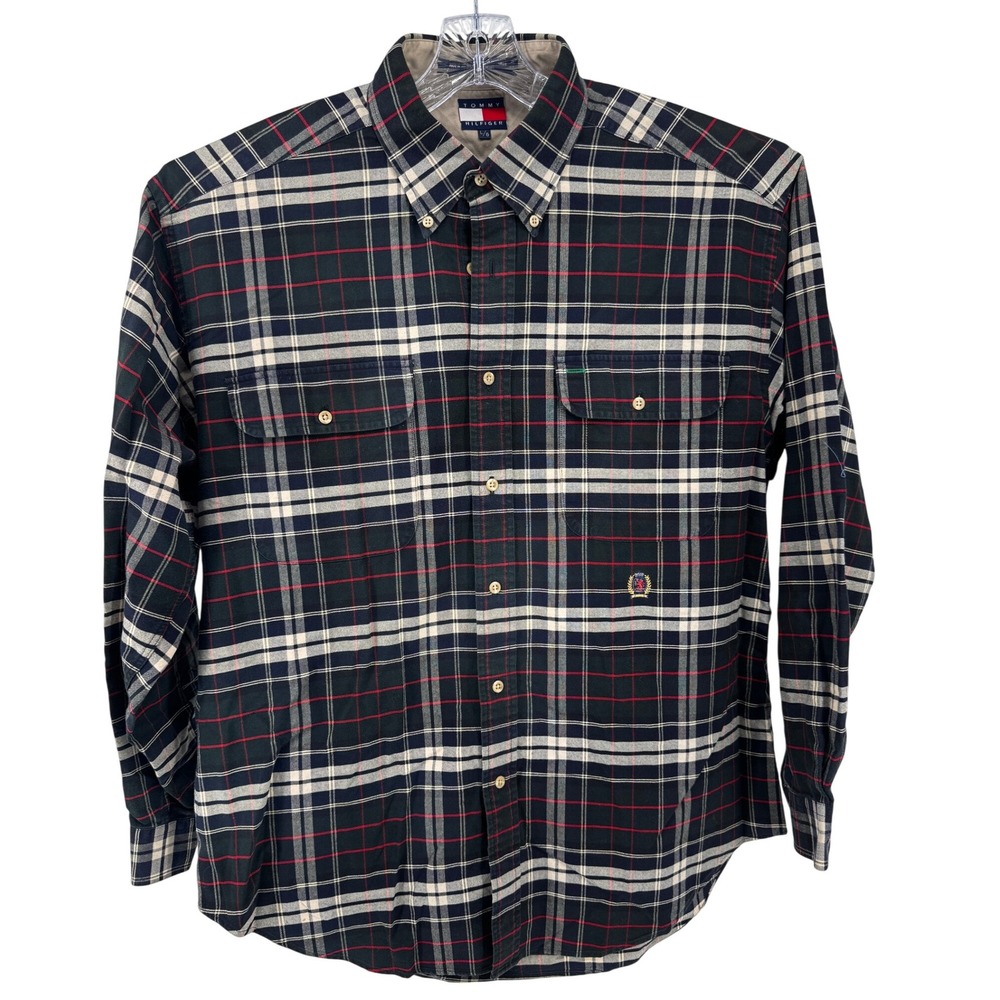 Tommy Hilfiger Shirt Heavy Mens Large‎ Black Blue Plaid  Button Up Long Sleeve